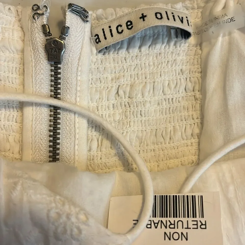 NWT ALICE + OLIVIA Fae gathered broderie anglaise mini dress $395